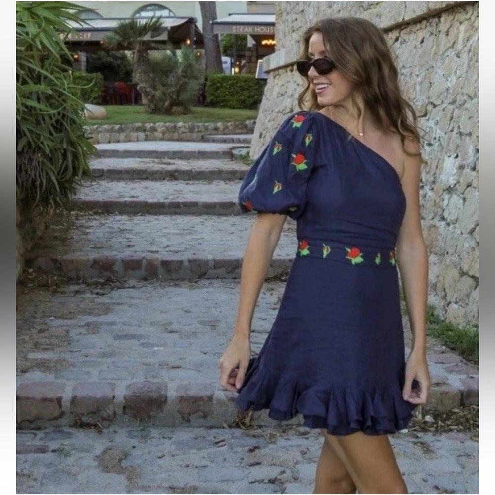 Fanm Mon 100% Linen Blue One-Shoulder Dress with Floral Embroidery